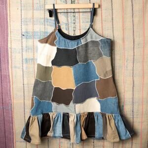 Custom patchwork mini dress with ruffle hem size large
